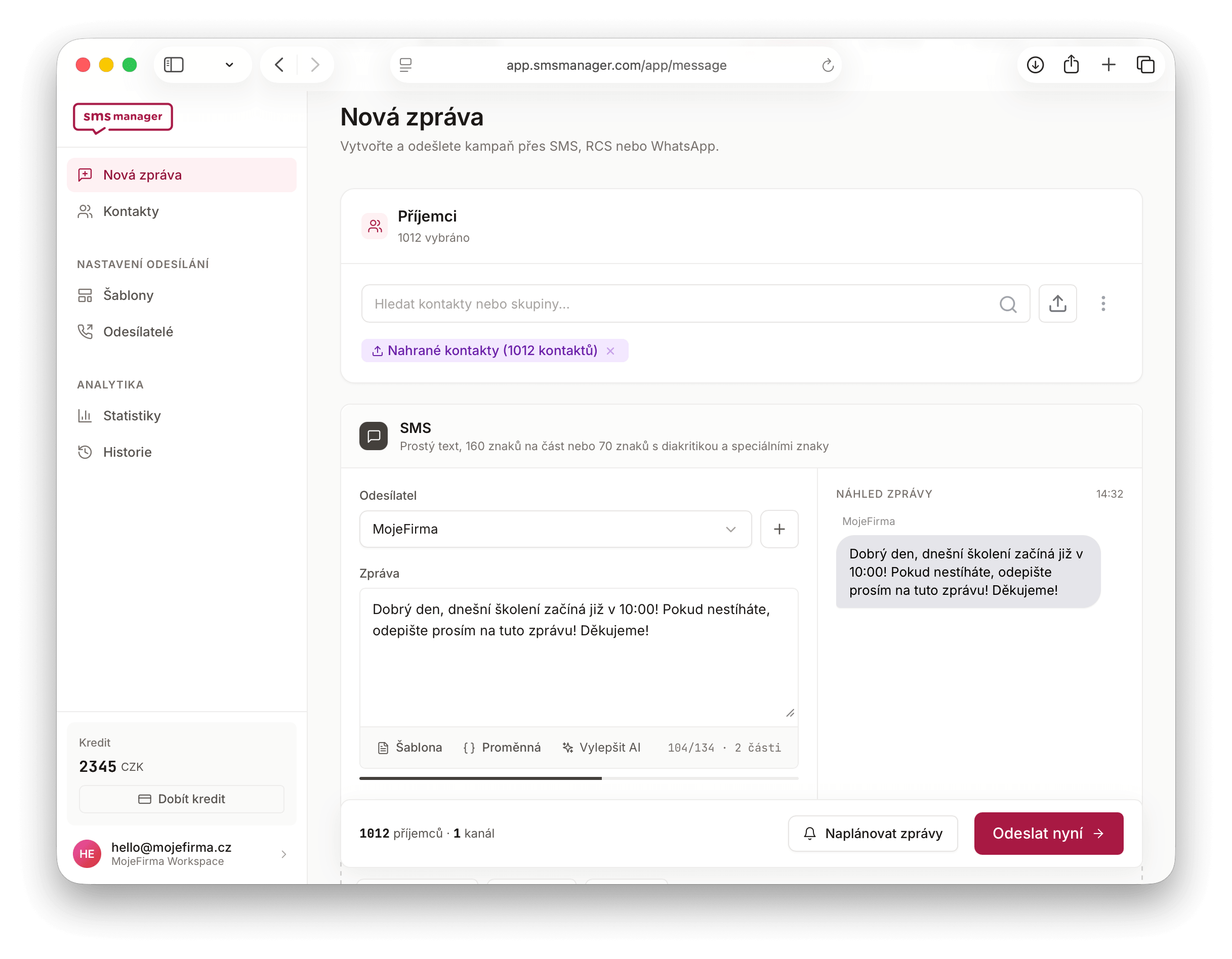 Aplikace SmsManager – nová zpráva